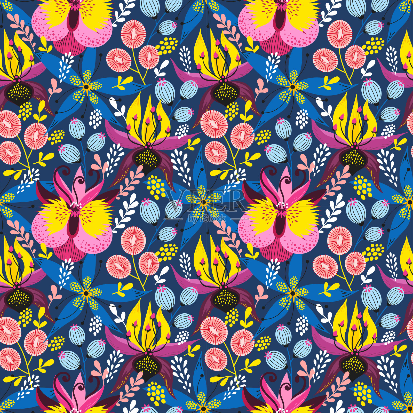 花卉无缝模式上的蓝色。花卉和树叶的抽象矢量背景。自然明亮的设计。插画图片素材