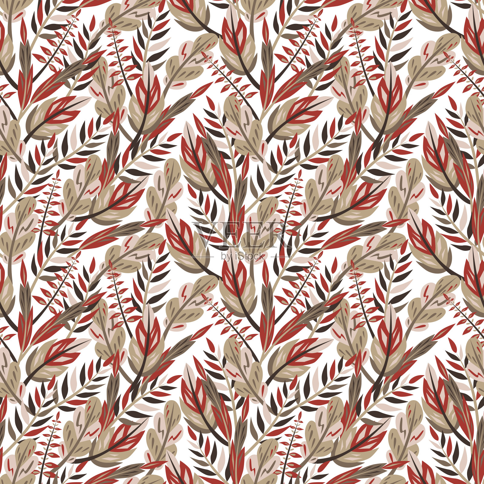 花卉无缝模式与植物的叶子在白色背景。矢量手绘打印插画图片素材