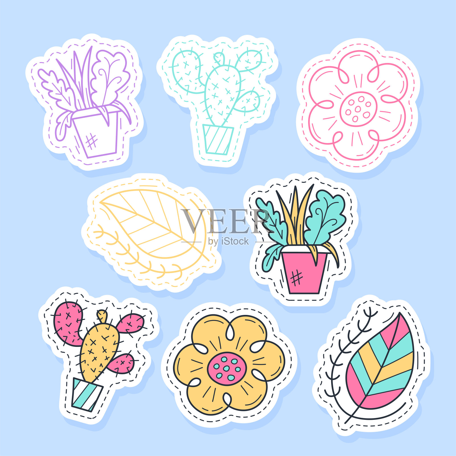一套植物贴纸，别针，贴片和手写的卡通风格收集。有趣的问候衣服，卡片，徽章，图标，明信片，横幅，标签，贴纸，打印插画图片素材