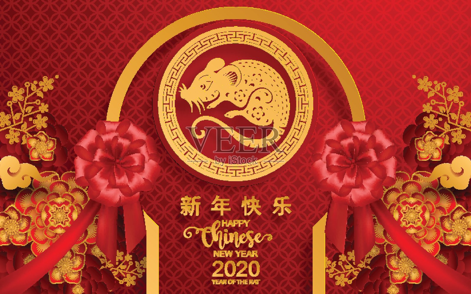 2020年中国新年鼠年，纸鼠人物，花和亚洲元素与工艺风格的背景。 (中文翻译:祝2020年鼠年新年快乐)插画图片素材