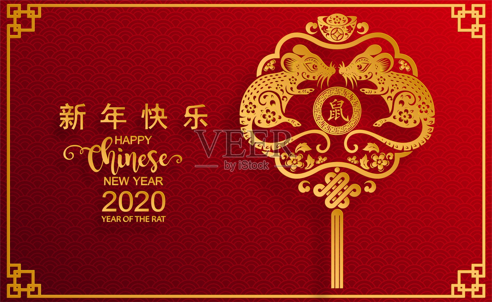 2020年中国新年鼠年，红色和金色剪纸鼠的性格，花和亚洲元素与工艺风格的背景。 (中文翻译:祝2020年鼠年新年快乐)插画图片素材