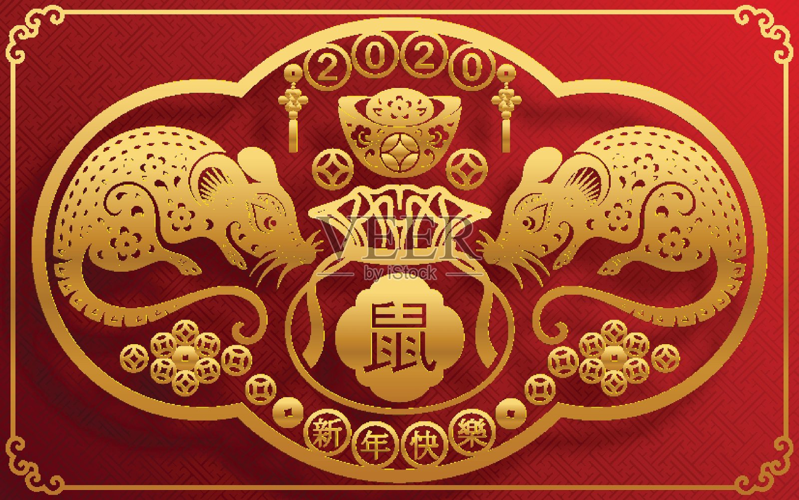 2020年中国新年鼠年，纸鼠人物，花和亚洲元素与工艺风格的背景。 (中文翻译:祝2020年鼠年新年快乐)插画图片素材