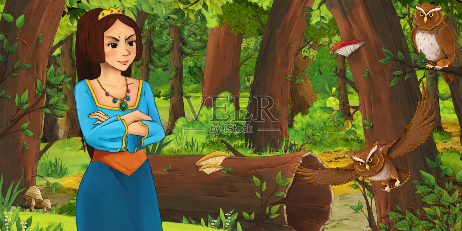 卡通场景与快乐的小女孩在森林中遇到一对飞翔的猫头鹰插画图片素材