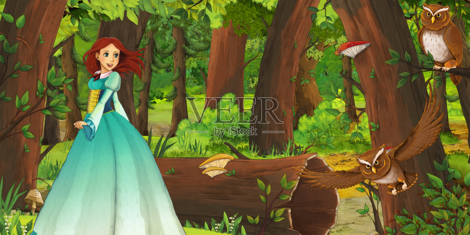 卡通场景与快乐的小女孩在森林中遇到一对飞翔的猫头鹰插画图片素材