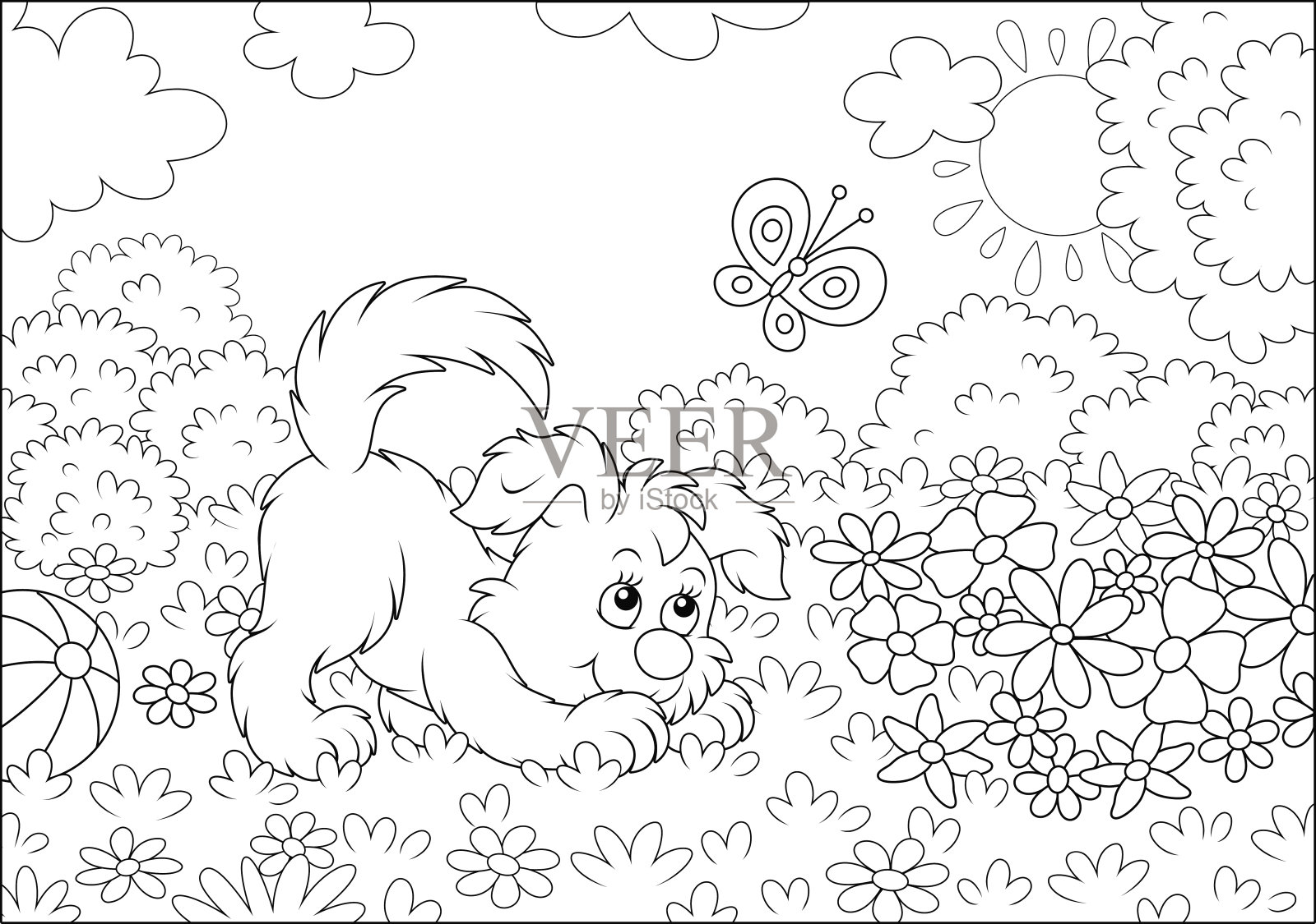 小狗在和蝴蝶玩耍插画图片素材