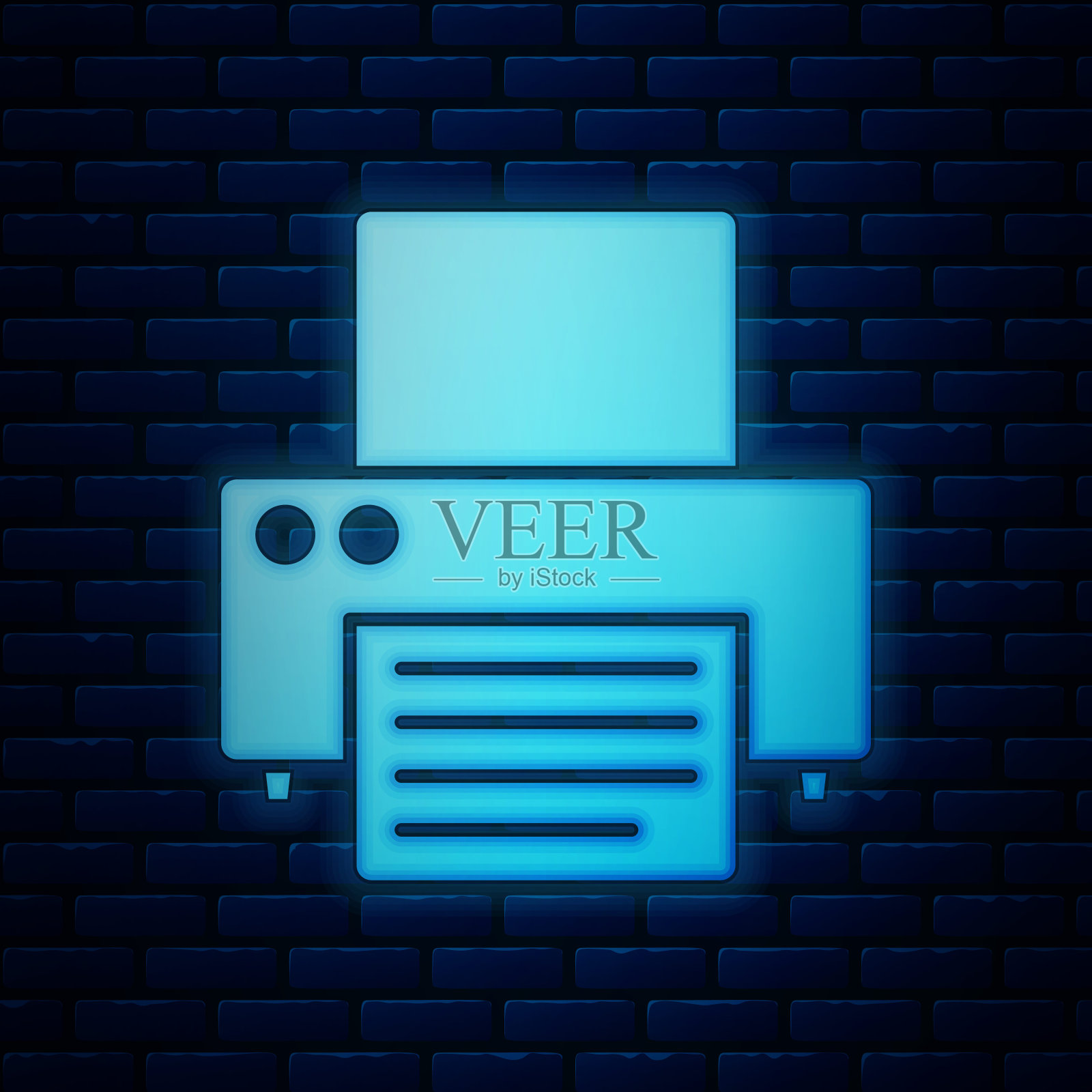 霓虹灯打印机图标孤立在砖墙背景。矢量图插画图片素材