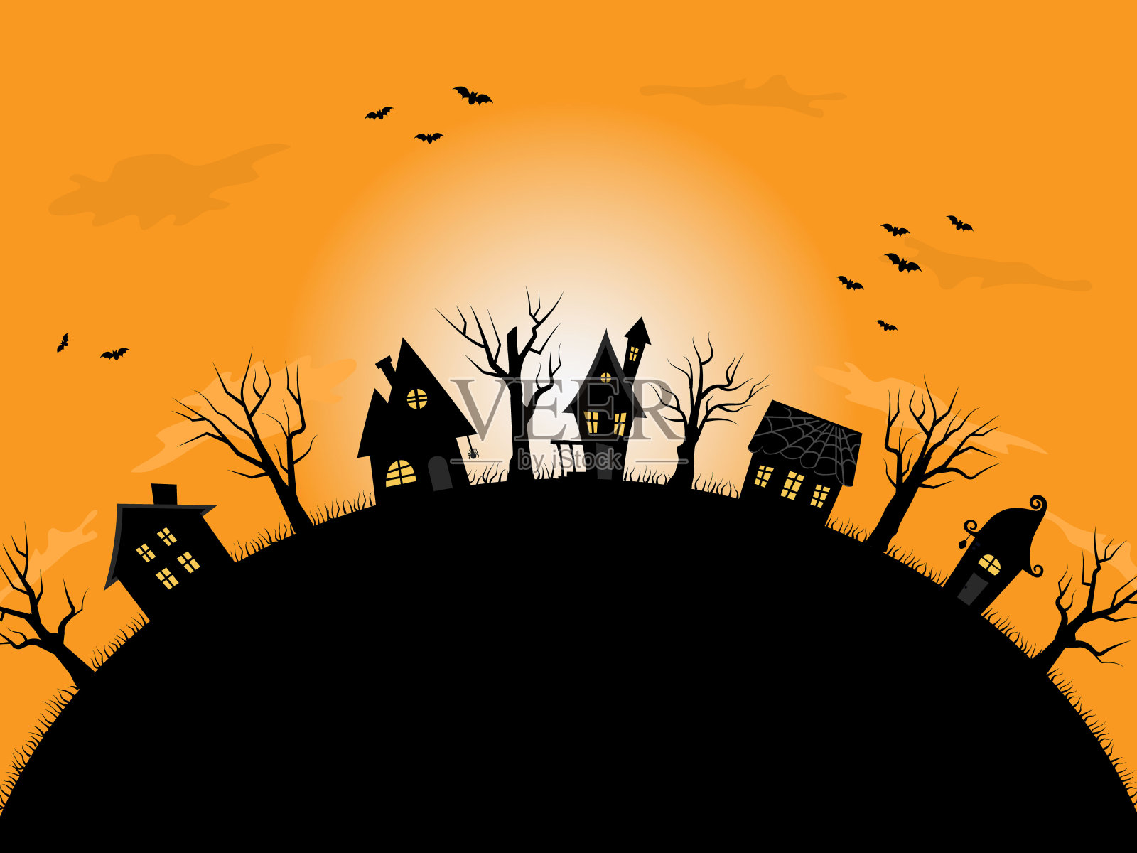 万圣节的背景。令人毛骨悚然的村庄插画图片素材