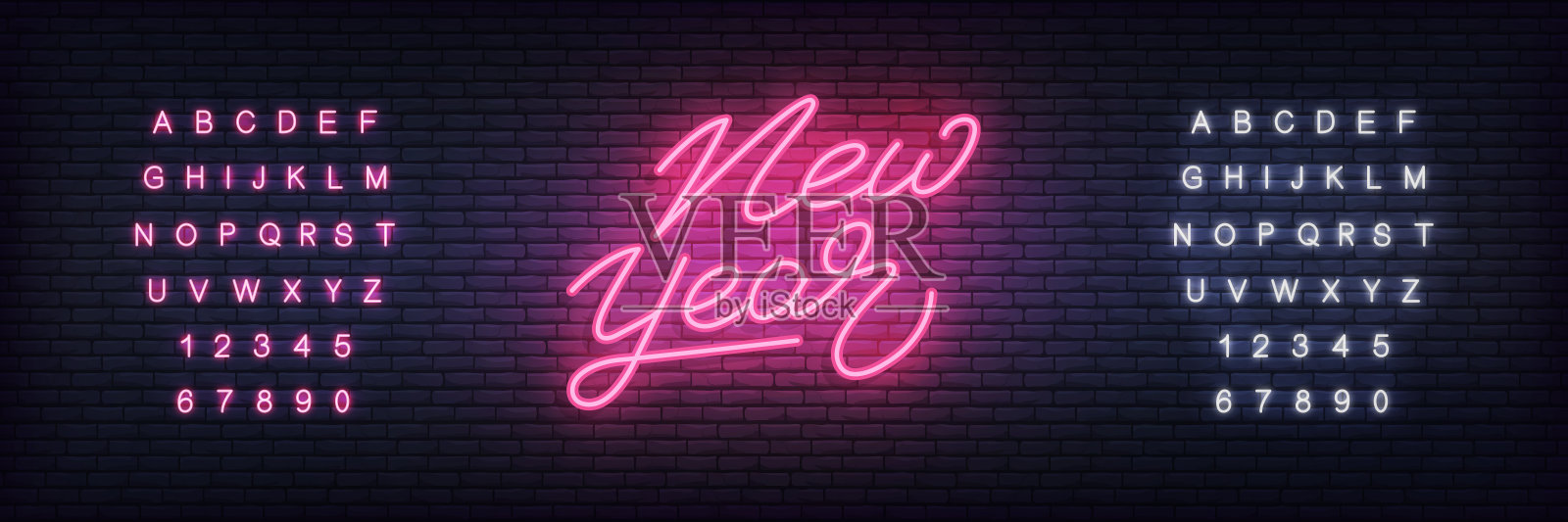 新年霓虹灯。2020年新年的发光霓虹灯字体模板插画图片素材