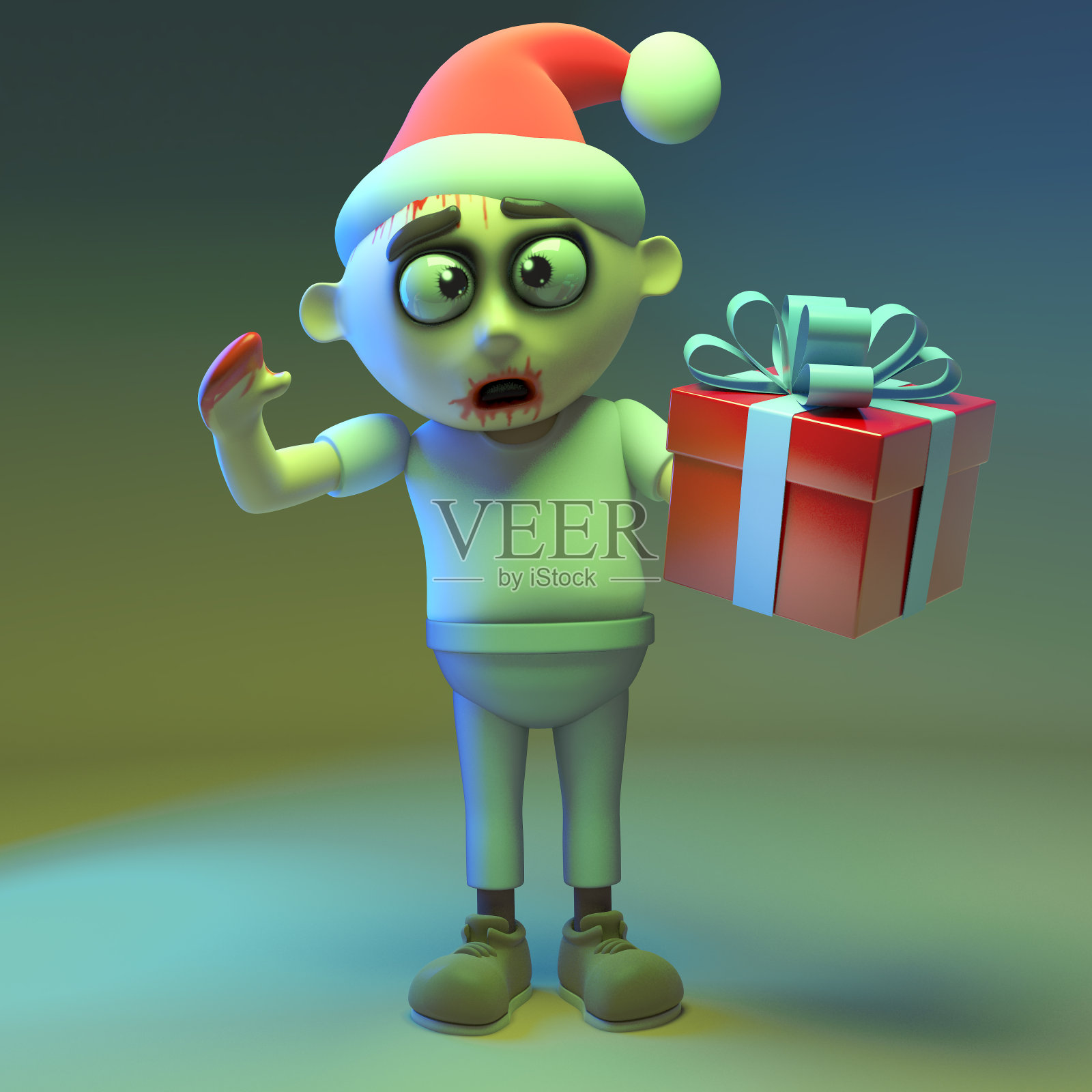 节日僵尸怪物戴着圣诞帽，并有一个礼物包装的礼物，3d插图插画图片素材