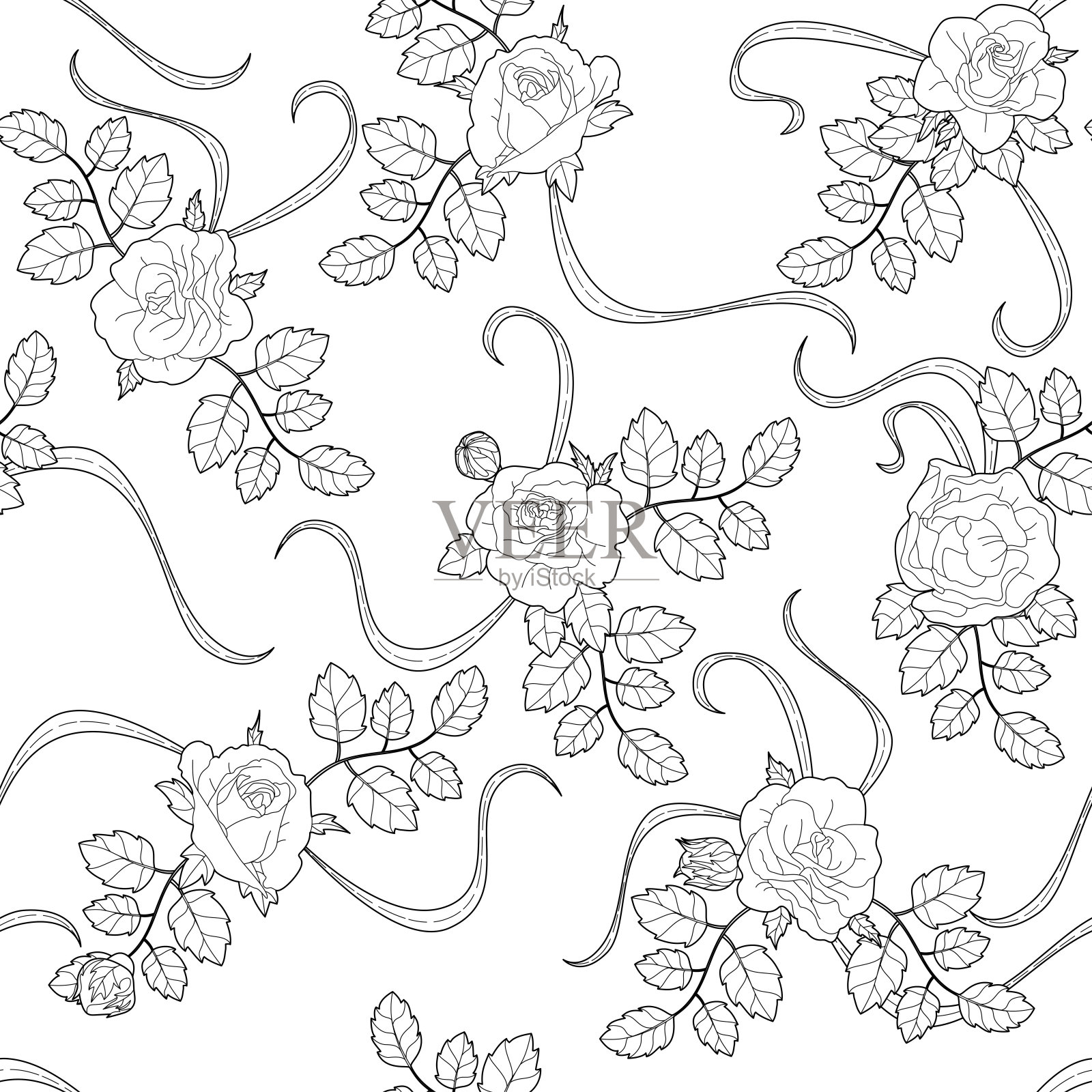 黑色轮廓无缝点缀，花朵图案与玫瑰的白色背景插画图片素材
