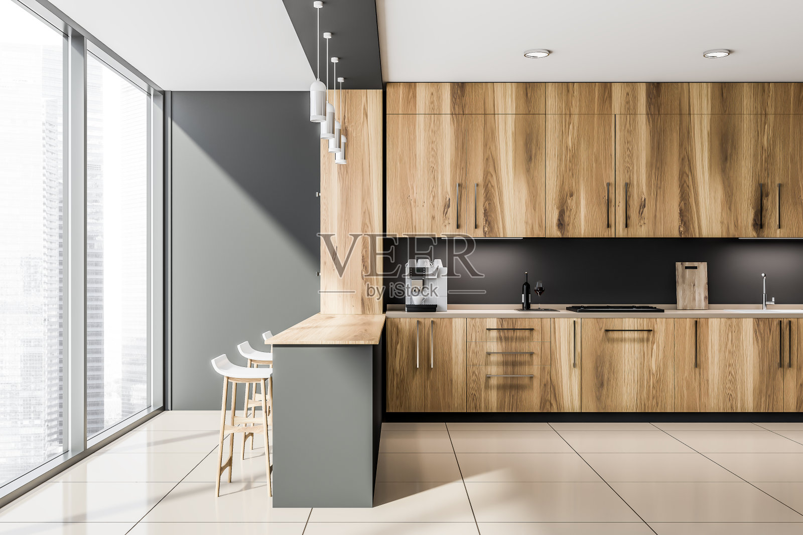 阁楼灰色厨房，吧台和凳子照片摄影图片