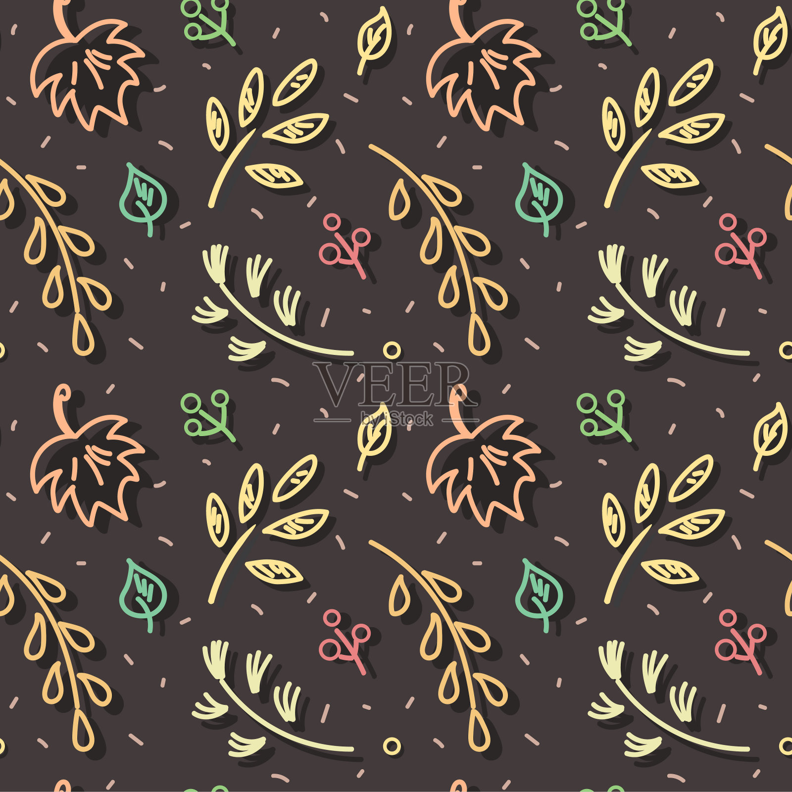 秋叶在初雪中飘落。无缝手绘图案。插画图片素材