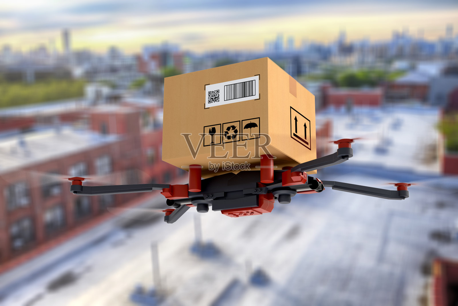 运送无人机正在城市上空飞行照片摄影图片