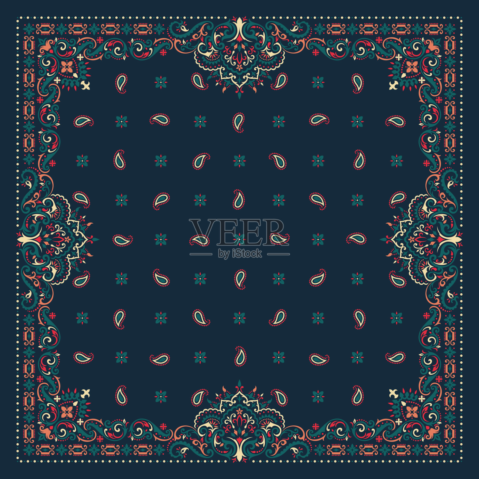 矢量装饰佩斯利印花手帕。丝质围巾或方巾图案设计风格，最佳动机印花在织物或纸上插画图片素材