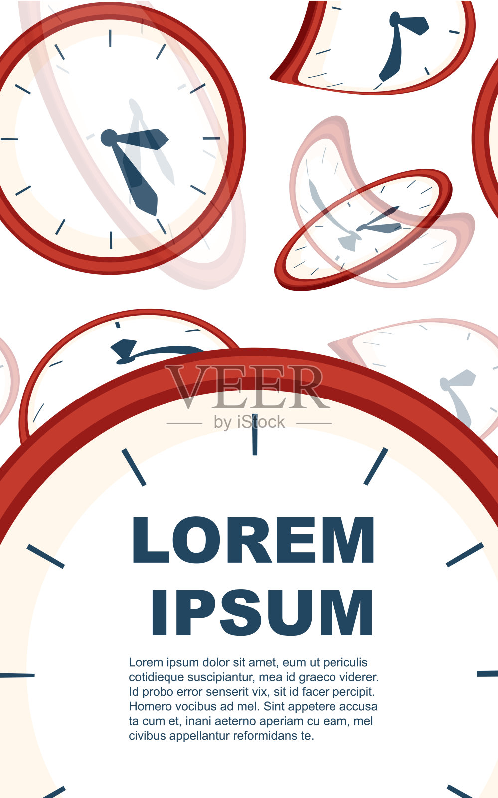 红色的钟面上有蓝色的指针。钟面变形变形。平面矢量插图在白色背景。广告传单或贺卡设计插画图片素材