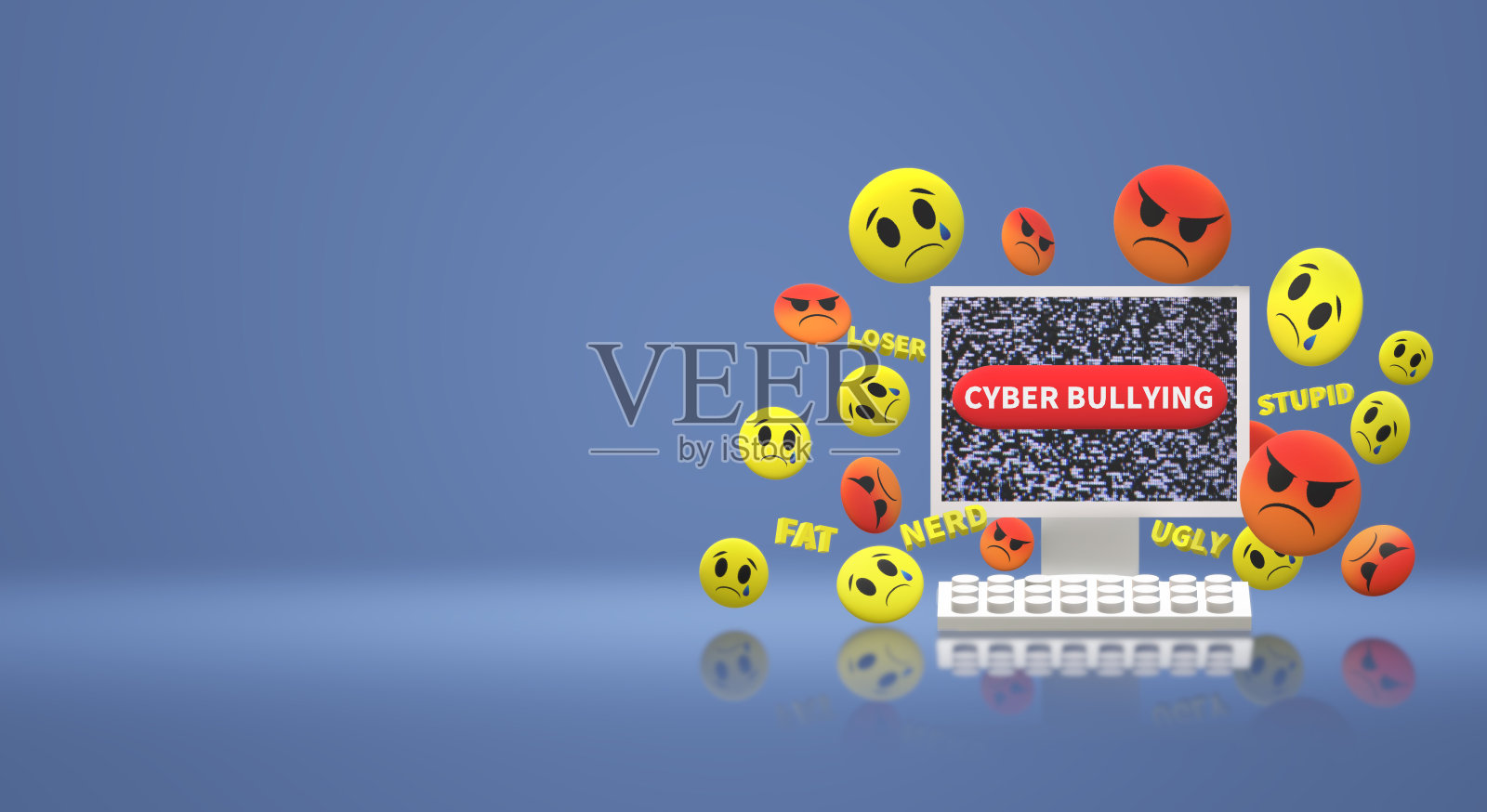 3d渲染电脑和情感的网络欺凌内容。照片摄影图片