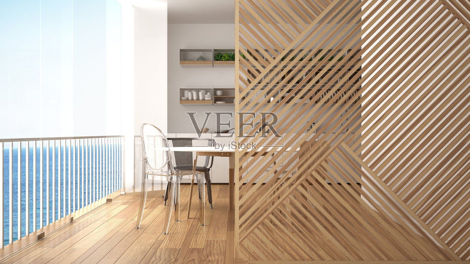 木制面板特写，现代白色厨房岛和凳子，拼花地板。极简禅宗室内设计理念理念，当代建筑模板照片摄影图片