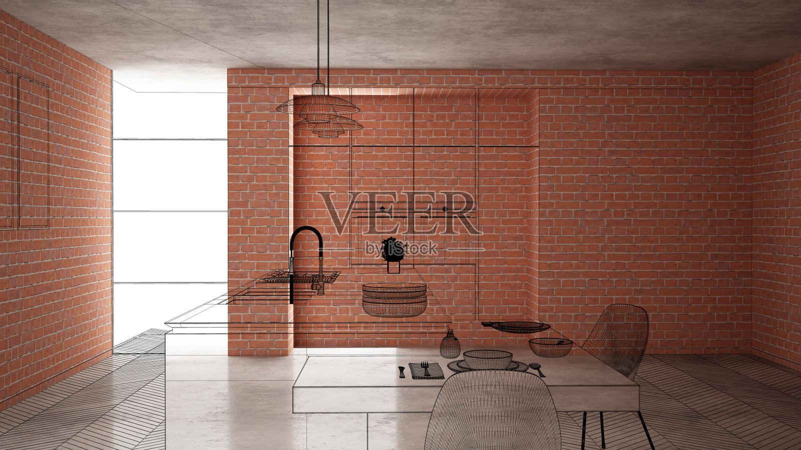 家居装修，住宅开发概念背景，正在施工的室内设计，定制建筑设计项目，黑墨草图，展示简约厨房的蓝图照片摄影图片