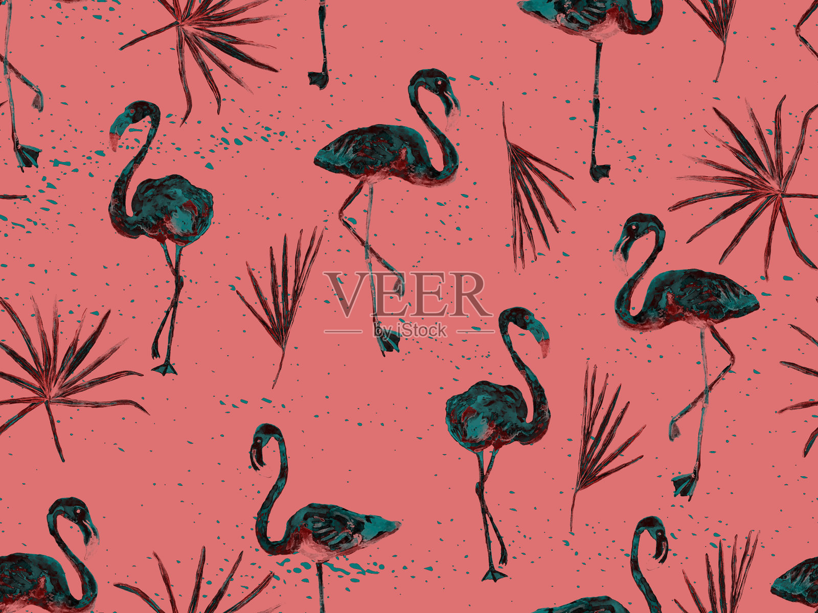 大型火烈鸟红色夏威夷无缝图案。插画图片素材