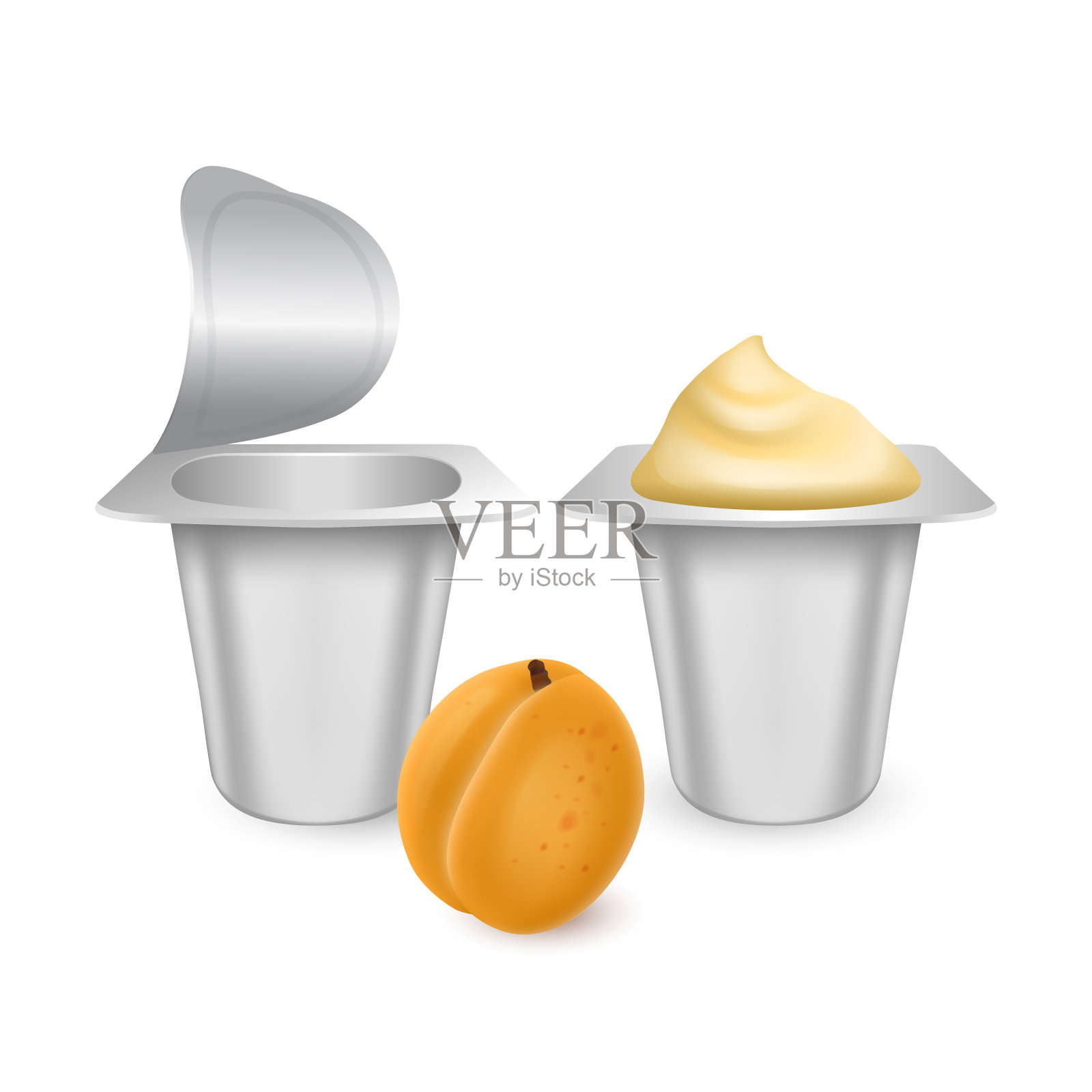 一套白色哑光塑料罐酸奶，奶油，甜点或果酱。逼真的包装模型模板。酸奶奶油与新鲜杏孤立在白色背景。插画图片素材