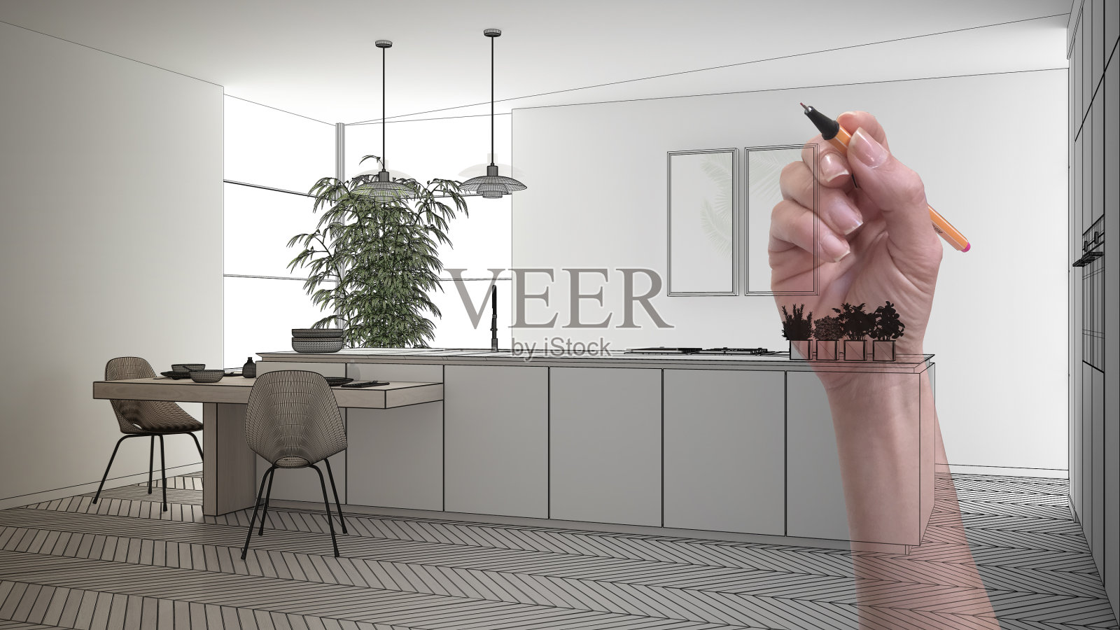 建筑师室内设计师概念:手绘设计室内项目，同时空间变得真实，现代白色和木制厨房岛和凳子照片摄影图片