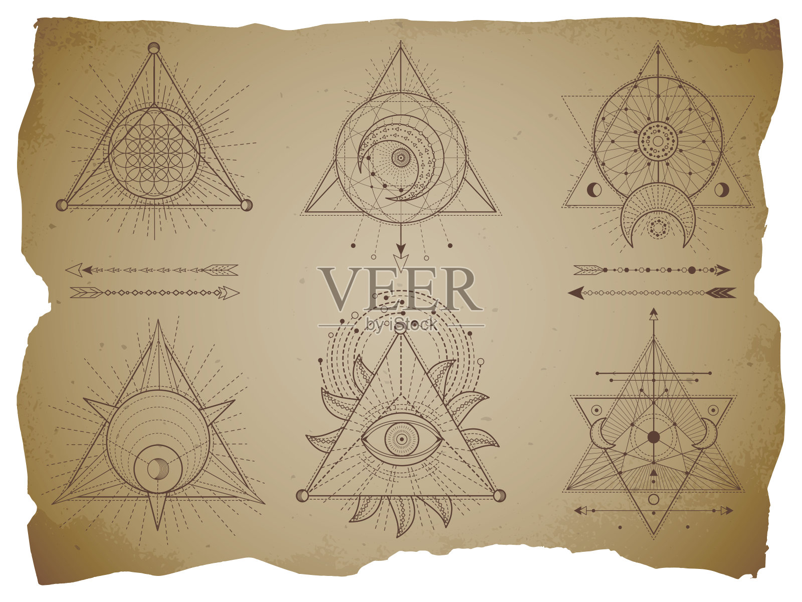 向量集神圣的三角形符号和神秘的数字在旧的纸背景与撕裂的边缘。抽象神秘符号集合。插画图片素材