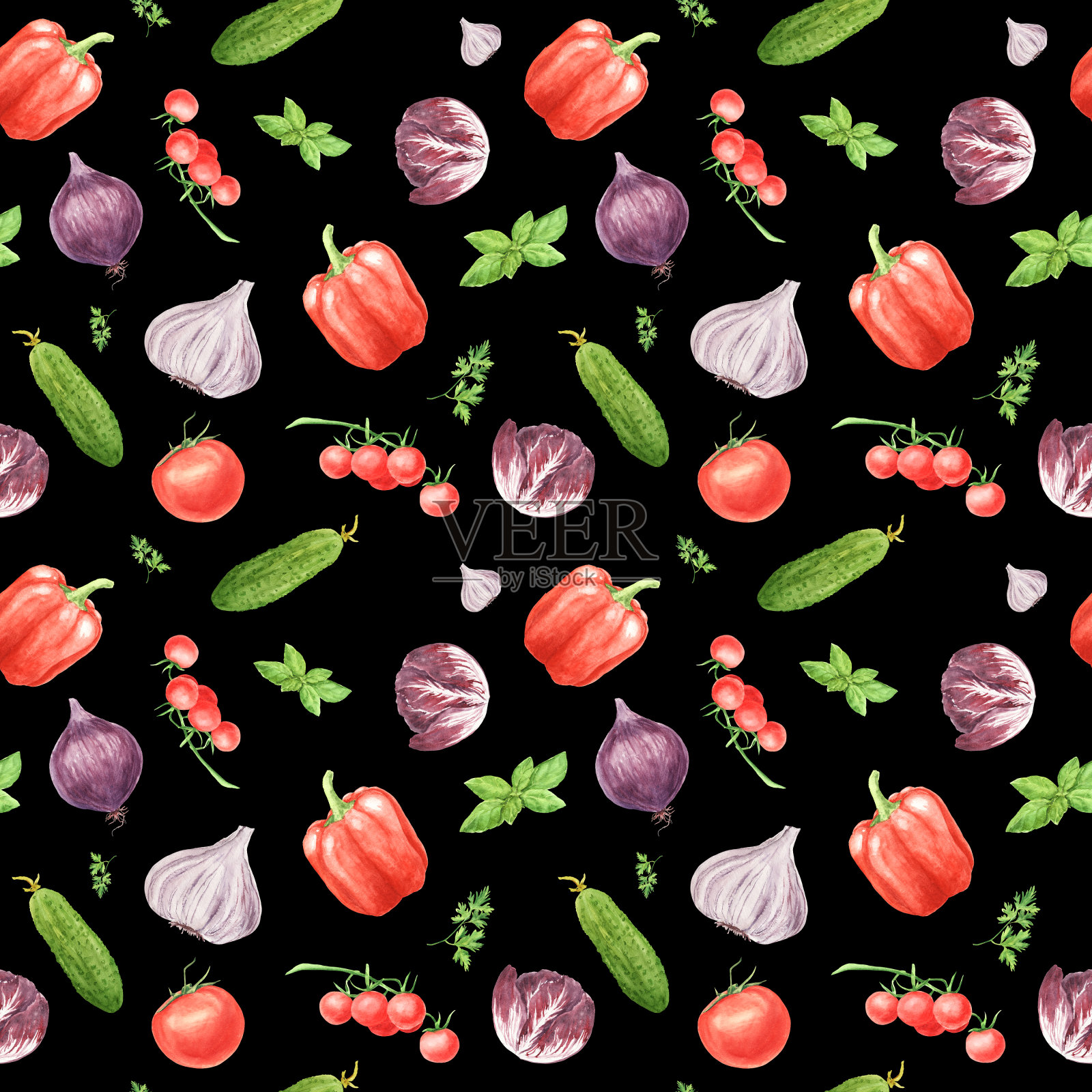 水彩蔬菜无缝图案。大蒜，罗勒叶，甜椒，黄瓜，樱桃番茄，芝麻菜叶插画图片素材