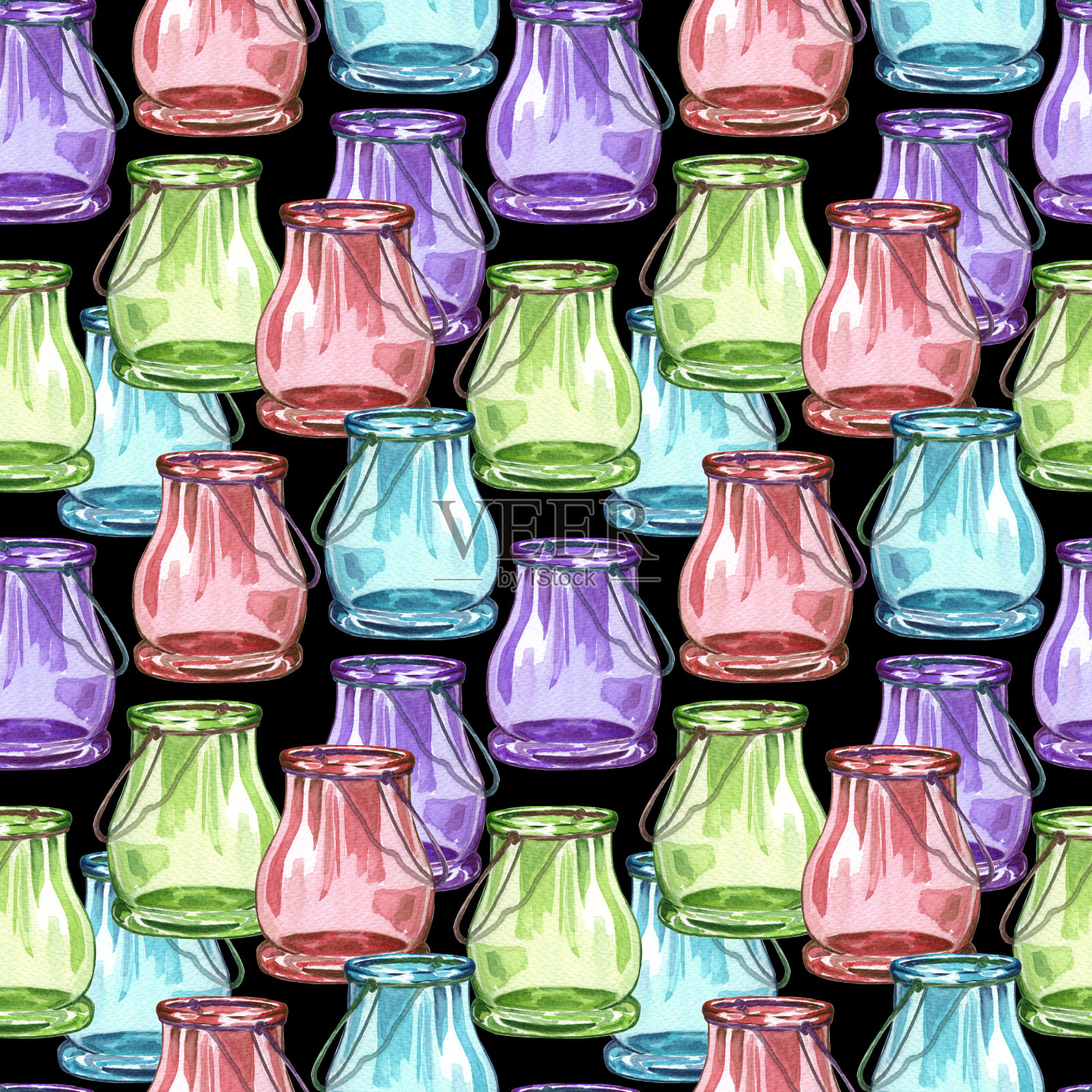 无缝图案与水彩彩玻璃罐。彩色透明玻璃瓶。无缝模式上的黑色背景。插画图片素材