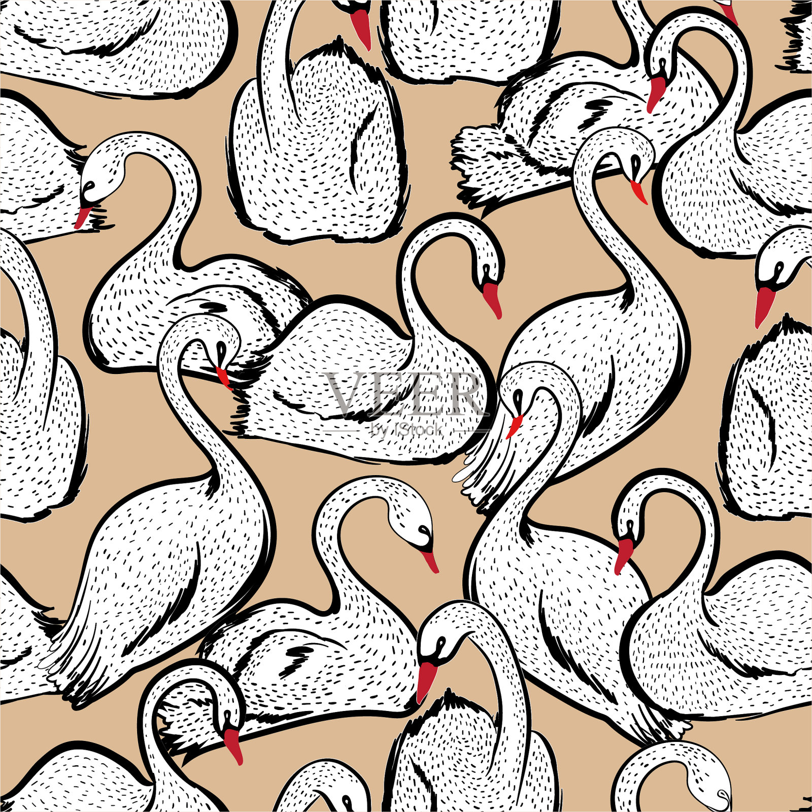 无缝图案矢量手绘涂鸦线素描白天鹅鸟，设计时尚，织物，网页，壁纸和所有印花插画图片素材