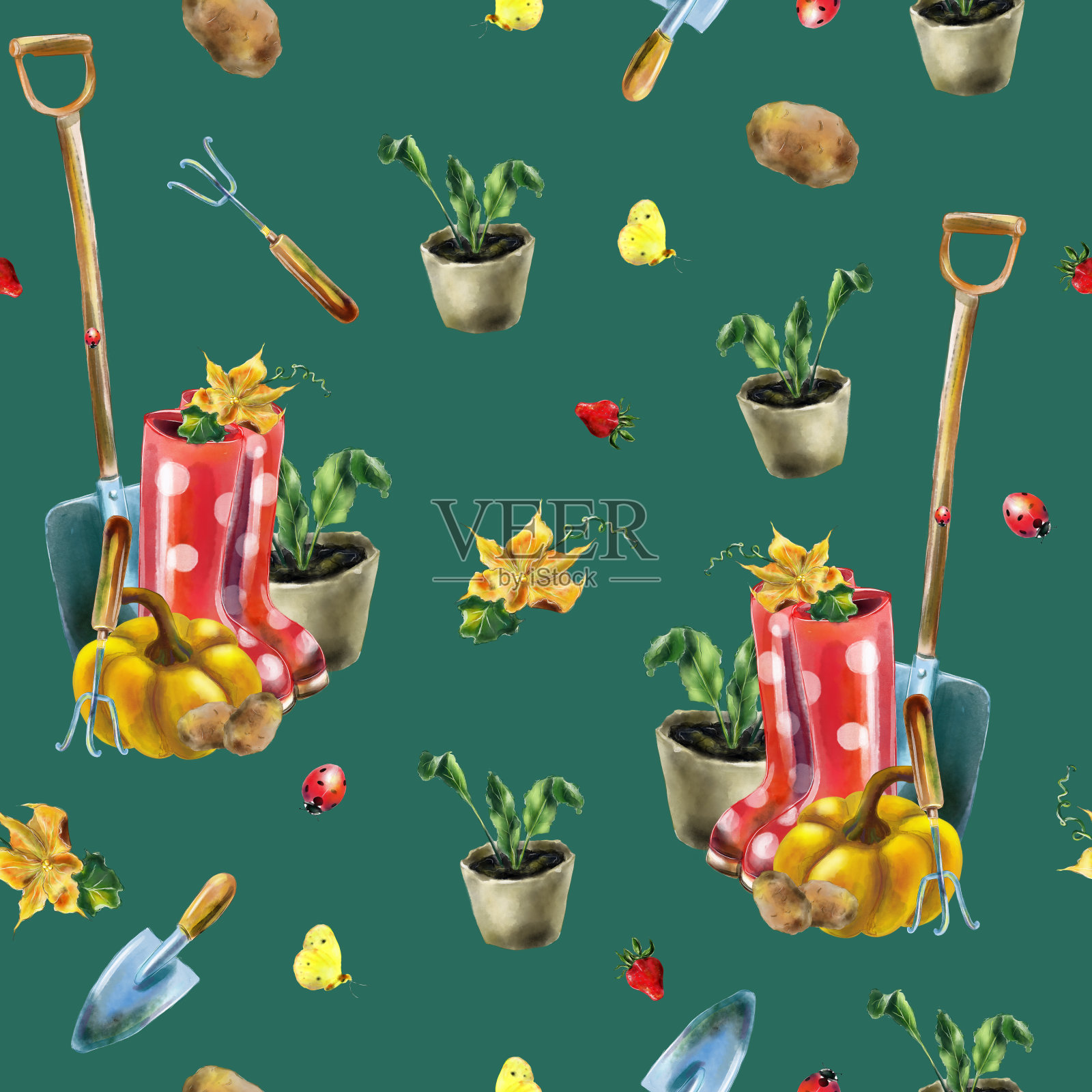 美丽的手绘水彩蔬菜和花卉花园无缝图案设计插画图片素材