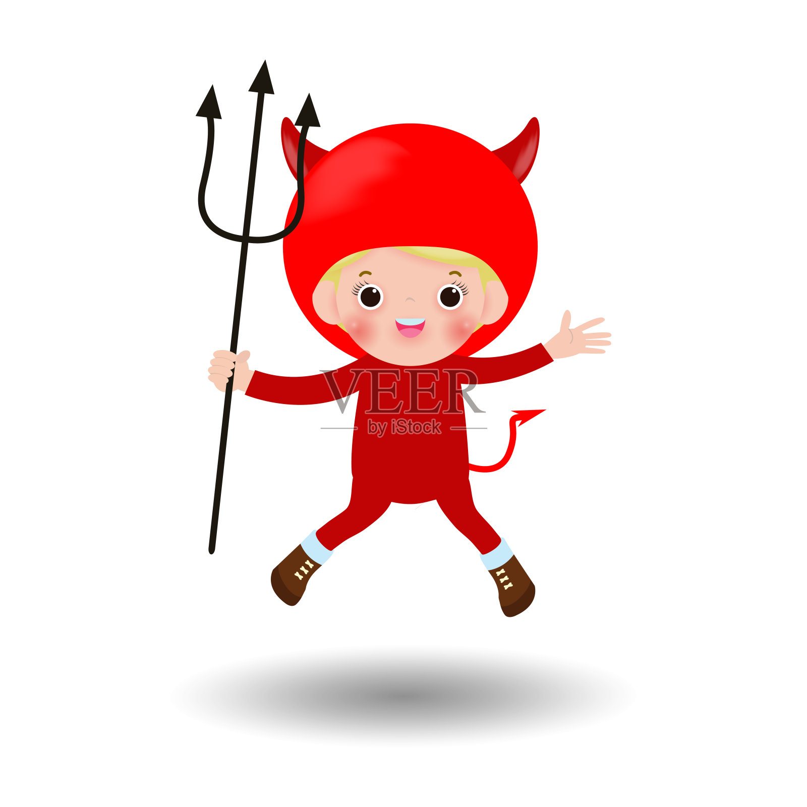 万圣节快乐。可爱的小恶魔红色恶魔，孩子们在万圣节服装上孤立的白色背景。儿童服装派对矢量插图。插画图片素材