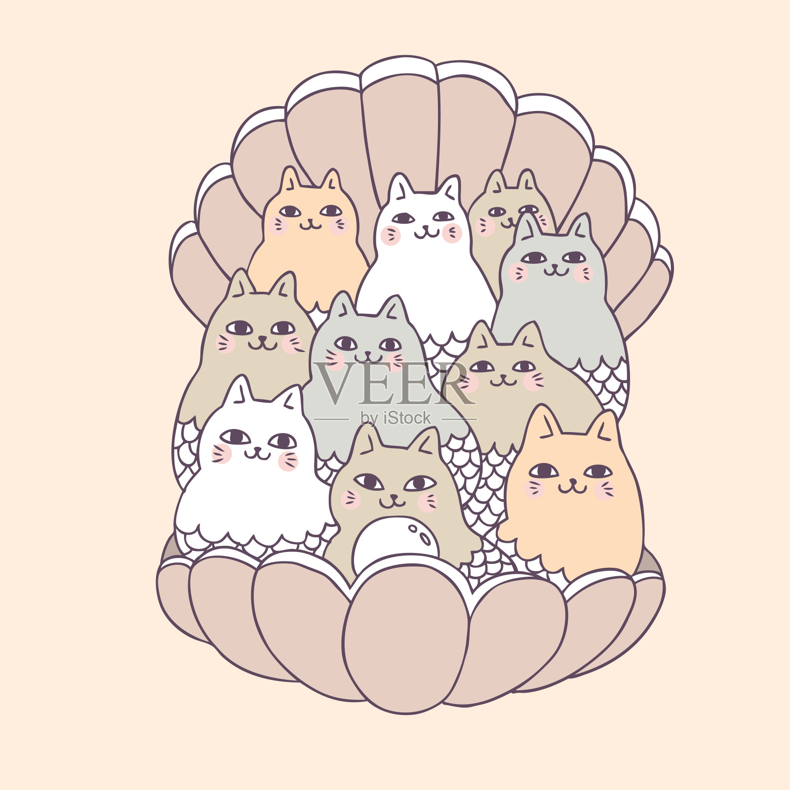 卡通可爱的猫和贝壳维特。插画图片素材