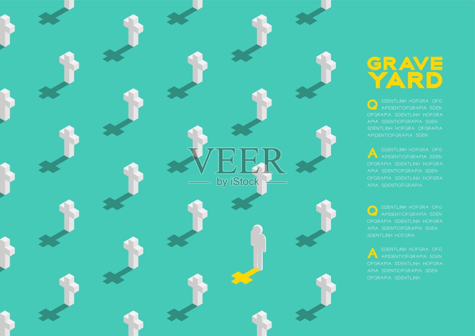 墓地与交叉3D等距模式，基督徒的忠诚安息(撕裂)概念海报和横幅水平设计插图孤立在绿色背景与复制空间，矢量eps 10插画图片素材