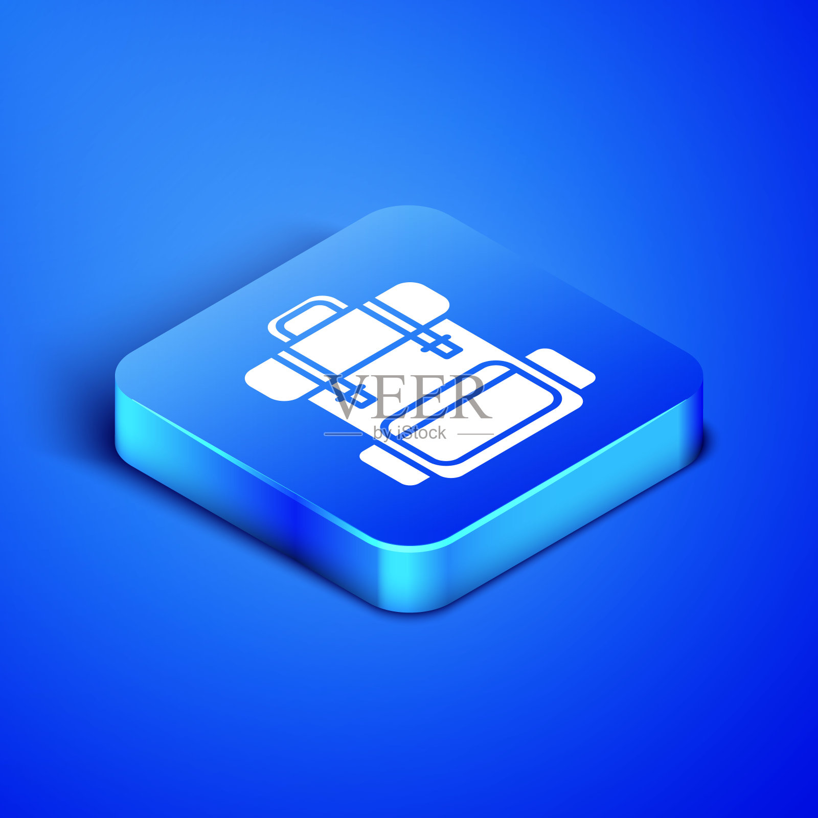 等距徒步背包图标孤立在蓝色背景。野营和登山背包。蓝色方块按钮。矢量图插画图片素材