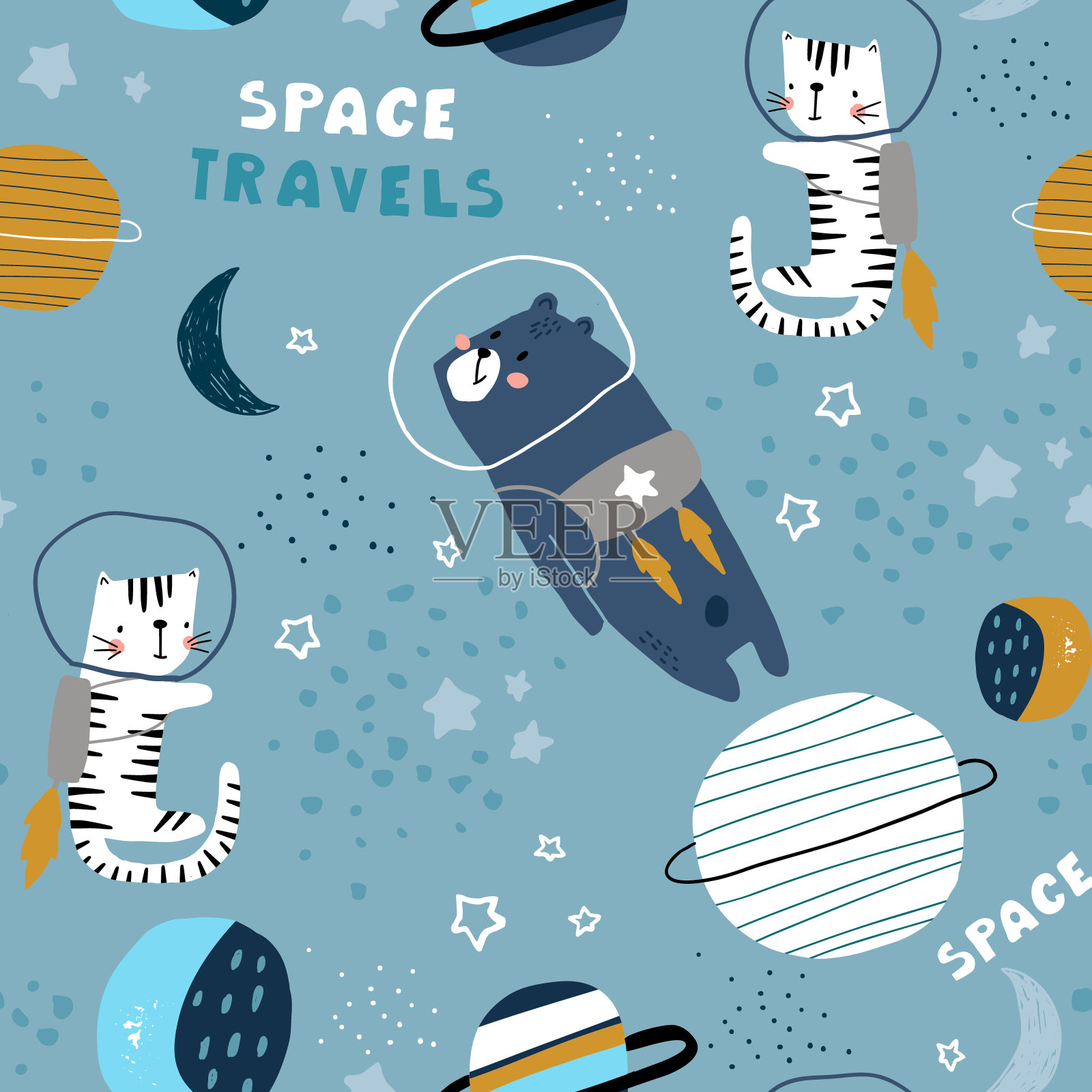 幼稚的无缝模式与熊和猫在宇宙。时髦的斯堪的纳维亚矢量背景。适合儿童服装，织物，纺织品，婴儿装饰，包装纸插画图片素材