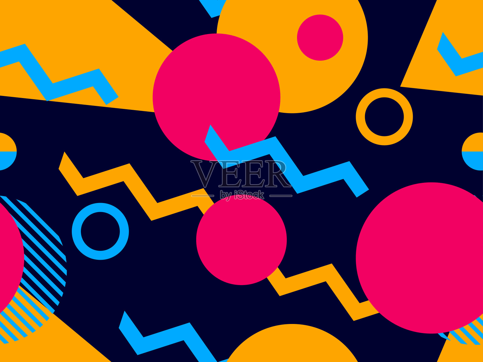 80年代的几何无缝图案风格。三角形，圆和点。背景适用于包装纸、印花、织物及印花。矢量图插画图片素材