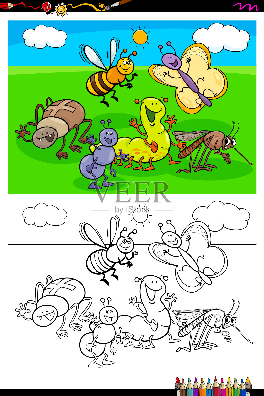 快乐昆虫人物群彩色书插画图片素材