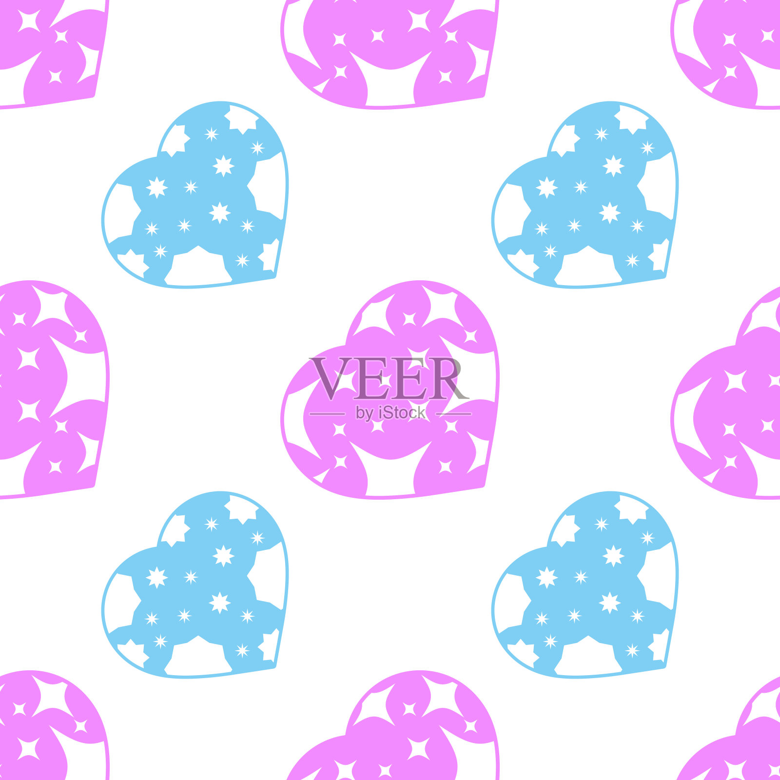 白色背景上可爱的心形剪影的彩色无缝图案。简单的平面矢量插图。用于设计纸壁纸，面料，包装纸，封面，网站。插画图片素材