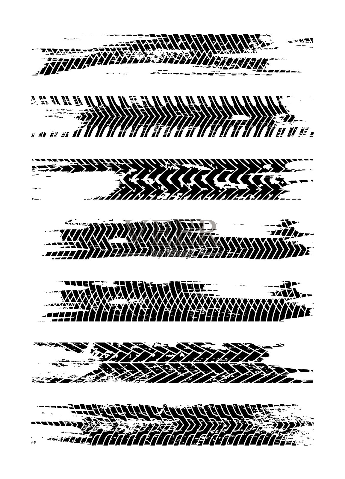 黑色轮胎轨迹剪影设置。垃圾轮胎痕迹被隔离在白色背景上。有墨迹的轮胎印。轮胎轨迹道路飞溅墙纸插画图片素材