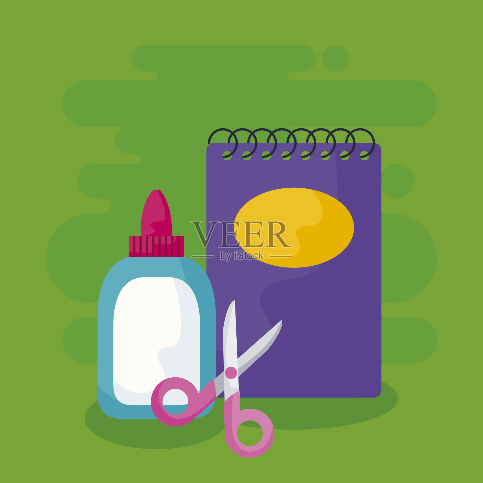 笔记本学校用胶水瓶和剪刀插画图片素材