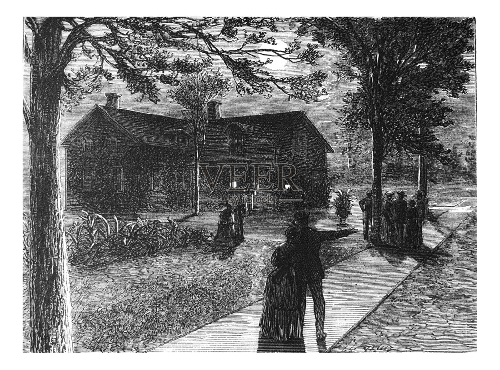 古董插图-一群人在黑暗中走过一座建筑插画图片素材