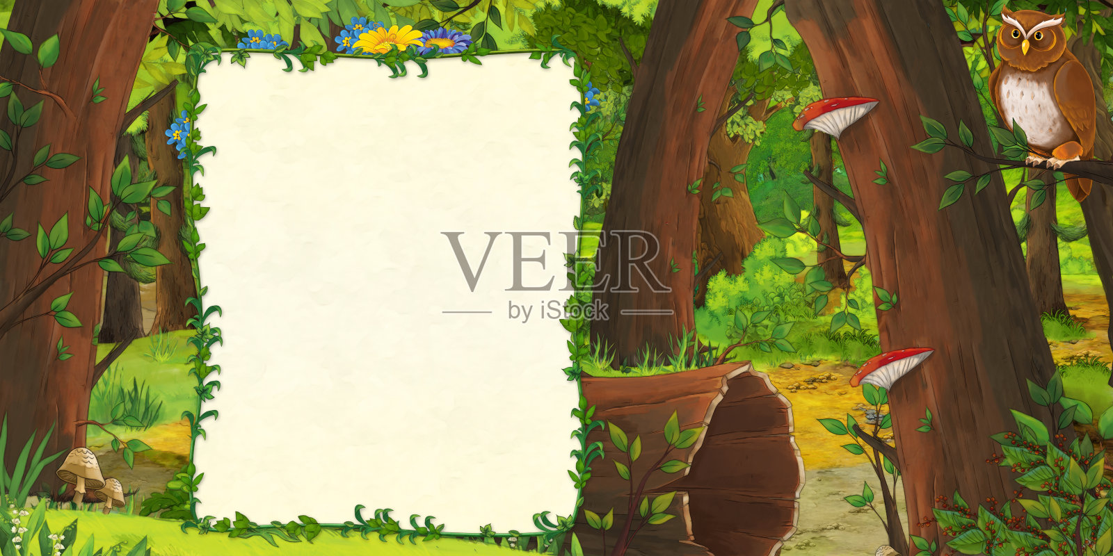 卡通场景的森林和草地与猫头鹰-标题页与文本空间插画图片素材