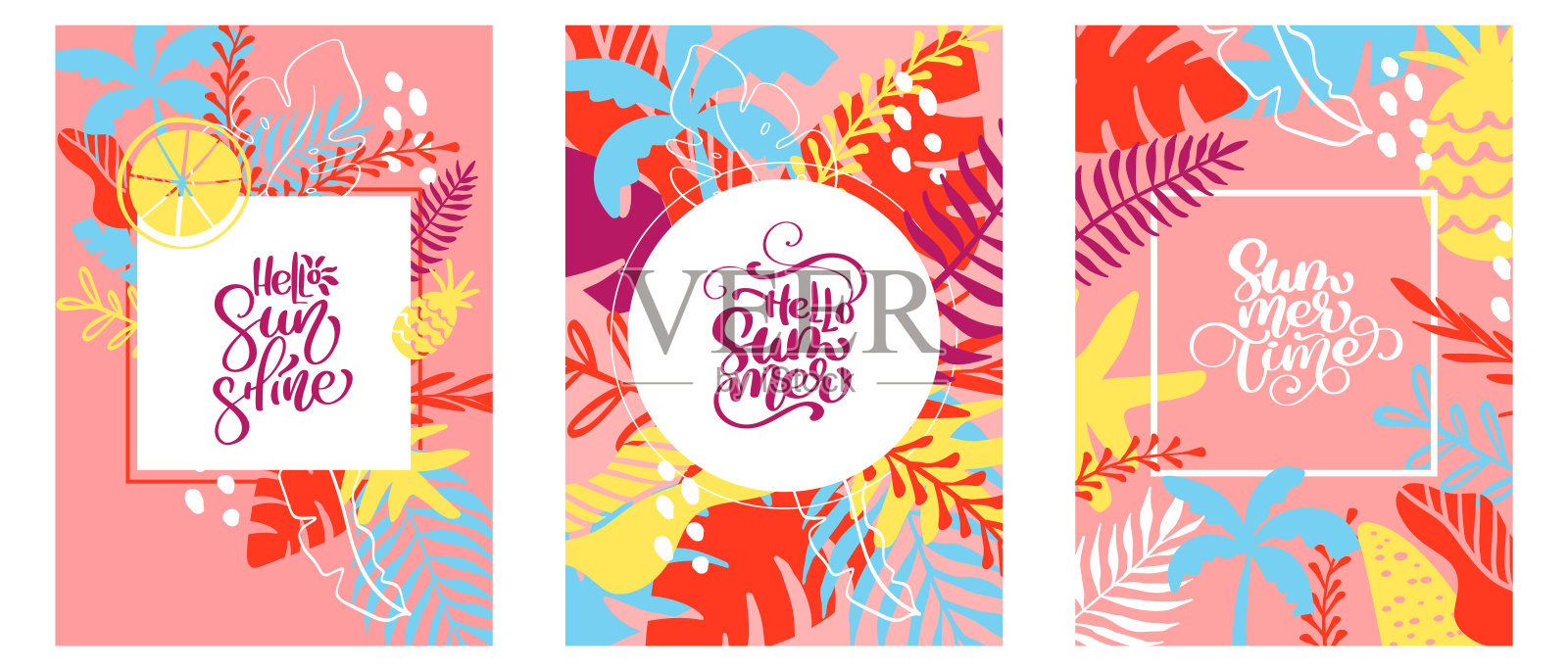 三张贺卡文字你好阳光，你好夏天和夏天时间在热带花卉叶框架。手绘集字母书法矢量插图插画图片素材