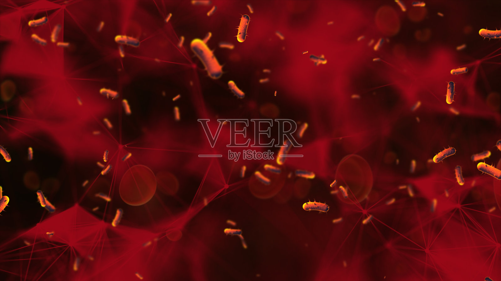 细菌、病毒和红血球感染血细胞，通过静脉血液传播，人体健康科学生物学病毒感染血细胞和免疫概念3D渲染照片摄影图片