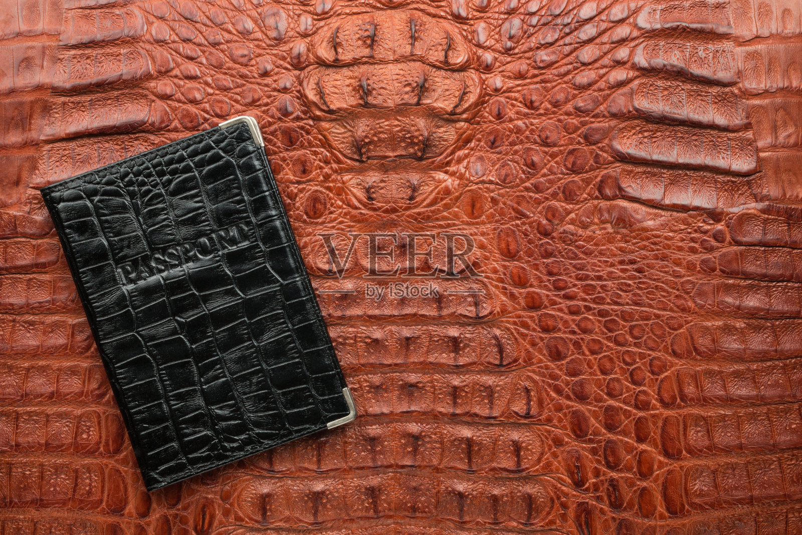 黑色皮革护照封面躺在棕色鳄鱼皮上。有空间设计，文字放置。照片摄影图片