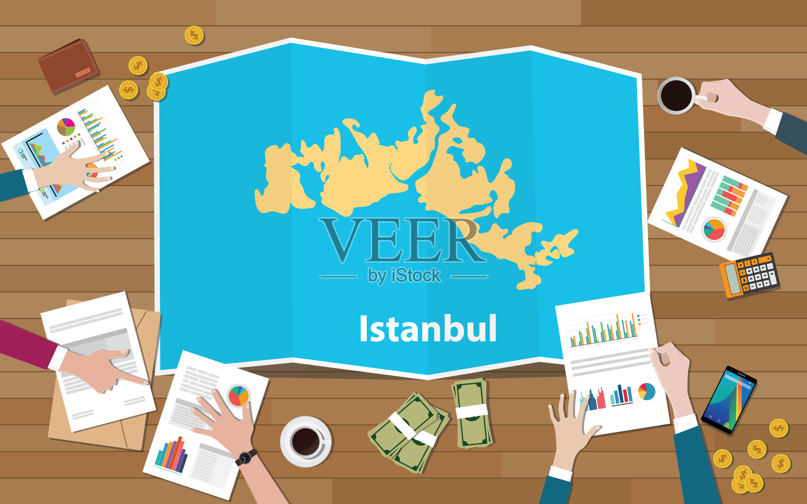 土耳其首都伊斯坦布尔地区经济增长与团队讨论折叠地图从上往下看插画图片素材