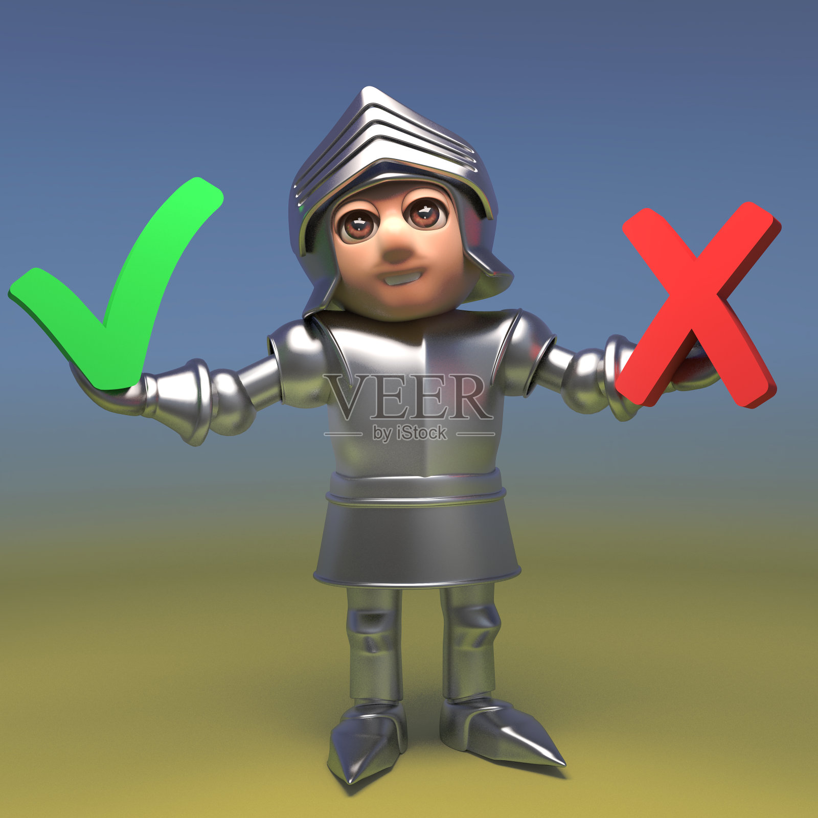 犹豫不决的中世纪骑士有一个蜱和十字之间的选择，3d插图照片摄影图片