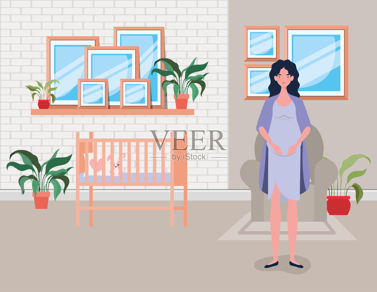 美丽的女人怀孕在婴儿卧室的场景插画图片素材