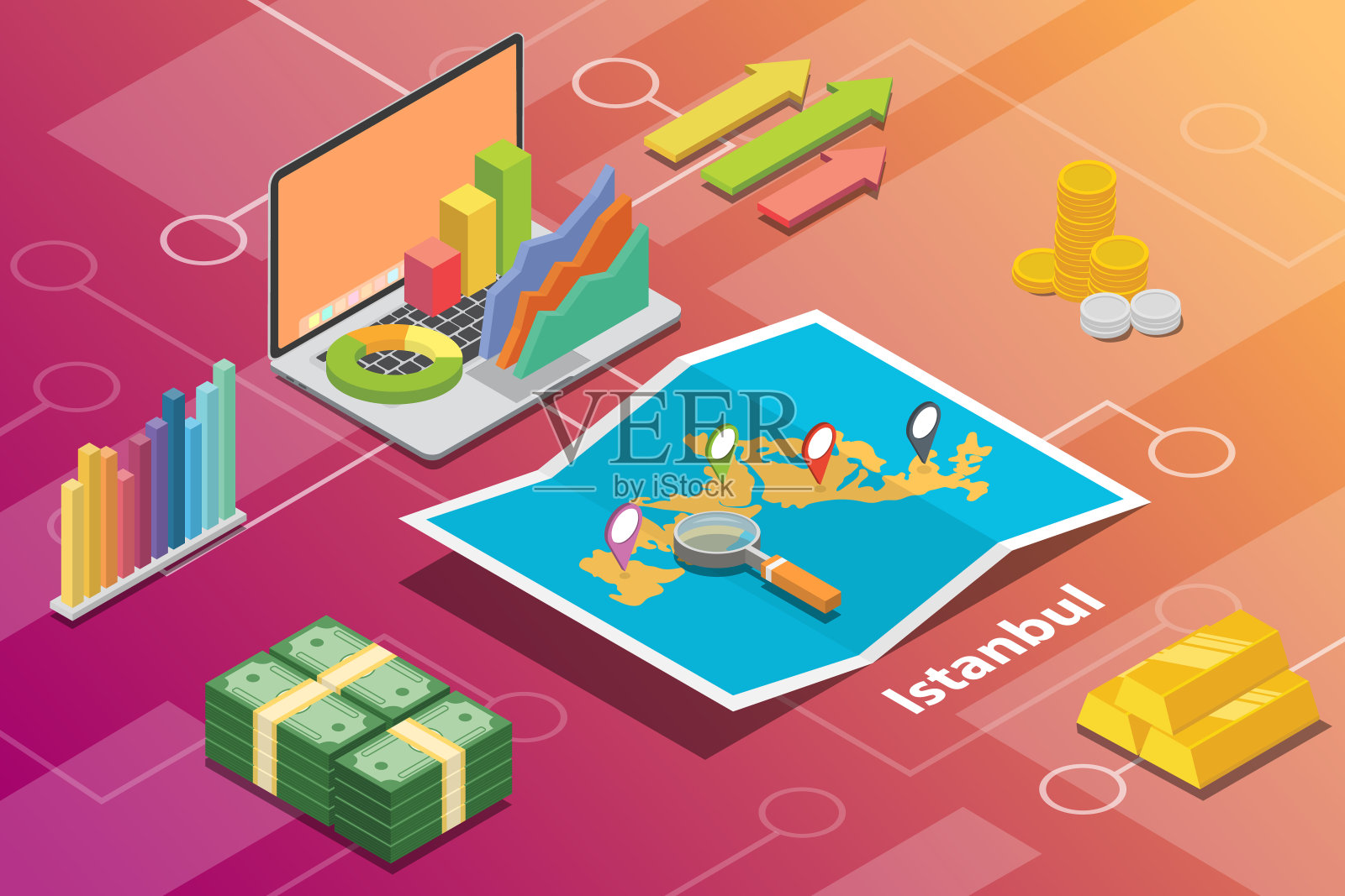 土耳其伊斯坦布尔城市等距金融经济状况概念为描述城市增长扩张向量插画图片素材