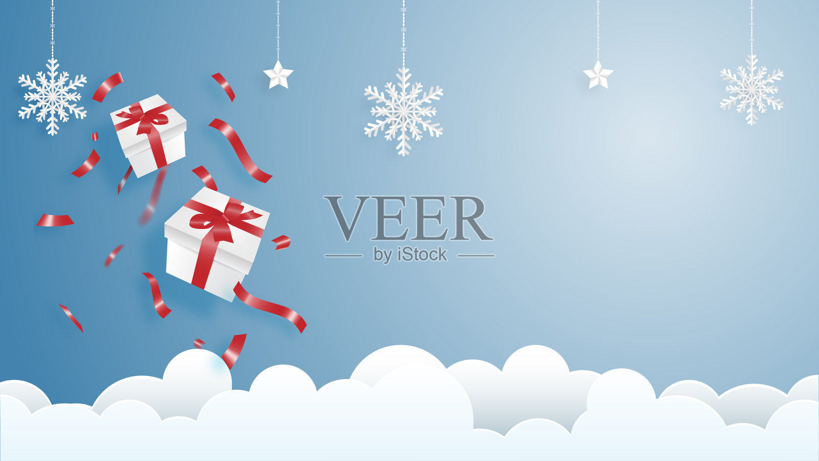 剪纸风格的圣诞快乐和新年贺卡。矢量插图圣诞庆祝背景。横幅，传单，海报，壁纸，模板。插画图片素材